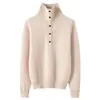 Suéter de cashmere com gola semiaberta abotoada, nova blusa base feminina tricotada em ponto trançado outono e inverno 2026, suéter de estilo doce com corte solto