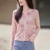 Cárdigan de punto fino para mujer, estampado floral de verano, cuello redondo, holgado, transpirable, adelgazante, top exterior artístico estampado, de moda para mujer