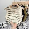 Colete francês feminino, uso interno, uso externo, parte inferior, 2024, novo estilo, listrado, malha, sem mangas, top feminino, moda verão