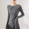 [Patrón Espina de Pescado Mangas Largas] Shimosei Seamless Cuello de Una Línea Hilo Yangtze Tejido de Lana Camiseta Básica para Mujer Primavera y Otoño