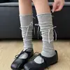 Calcetines de pantorrilla estilo ballet para mujer, calcetines largos grises con lazo, calcetines apilables, calcetines simples de media pierna estilo Miu, algodón puro