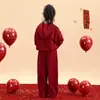 Traje de Ano Novo para Meninas 2025 Novo Suéter Vermelho com Laço e Calça de Moletom Esportiva Conjunto de Duas Peças Roupas de Ano Novo