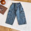 Vale do Vento 2024 Outono Novas Calças Infantis Estilo Coreano Personalizadas Bolso Grande Jeans de Ferramenta Calças de Perna Reta para Meninos