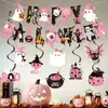 Set de decoración transfronterizo para fiesta de Halloween rosa con guirnalda de fantasmas y murciélagos, adornos colgantes en espiral y decoraciones de fiesta estilo girly