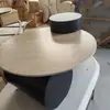 Mesa de Centro Redonda de Lujo Ligero de Piedra Travertino de Diseñador de Madera Maciza para Balcón de Casa, Apartamento Pequeño, Sala de Estar y Casa de Huéspedes
