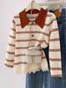 Suéter de Punto Patchwork de Encaje con Cuello Polo a Rayas de Bloques de Color Talla Grande para Mujer, Suéter Elegante y Adelgazante con Calados para Otoño A6762