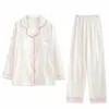 Ropa de casa suave de estilo coreano con estampado de cuadros florales para mujer, algodón nube, cuello vuelto, manga larga, pantalón largo, corte holgado, con copas en el pecho, pijama para casa