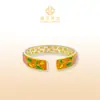Pulsera Abierta Fushi de Plata Pura 999.9 Esmalte Antiguo de Peonía y Urraca, Pulsera de Plata Tradicional Nueva Estilo Chino Pintada en Oro para Mujeres