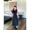 Vestido de Punto Grueso con Forro de Terciopelo Estilo Coreano Tallas Grandes para Mujer Otoño Invierno Chicas Gorditas Temperamento Dulce Femenino Falda Larga de Dos Piezas Falsas