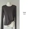 Coleção de outono: Camiseta feminina macia e confortável feita de Tencel e seda, com design sem dedos, mangas compridas, gola redonda e efeito emagrecedor, perfeita como camada base