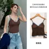 Camisole Quente de Gaze Escovada com Renda e Decote em V Outono/Inverno com Sutiã Embutido Ajustada Próxima ao Corpo Amiga da Pele Não Apertada Camada Base Top