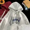 Moletom retrô americano cor bordô para homens, outono e inverno, forrado com fleece, marca da moda, resistente, jaqueta com capuz estampada jovem para primavera e outono