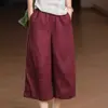 Calças Femininas de Verão Confortáveis Pantalonas Cropped Respiráveis Algodão Linho Cintura Elástica Soltas Modeladoras Artísticas Retrô Casuais