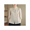 Blusa de estilo chino con cuello mao y botones modificados, camisa vintage con bordado pesado para mujer, nuevo producto de verano, top de algodón y lino de manga tres cuartos