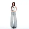 Jeans de Sarja Floral Lavado Resistente Cor Azul Sal Marinho Tendência 2026 para Mulheres, Calças de Perna Larga Afuniladas Soltas Estilo Americano