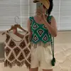 Camisola bohemia calada de ganchillo con flecos para mujer, fina para el verano, exterior adelgazante, top retro de rombos