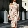 Transfronterizo Nuevo Estampado Digital Casual Personalidad Moda Temperamento Vestido de Manga Larga Hombros Descubiertos Falda Primavera y Otoño Mujer