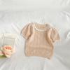 Camiseta de Tricô Estilo Verão para Bebê Menina, Estilo Japonês e Coreano, Simples, Macia, Renda Vazada, Manga Curta, Gola Redonda, Moda
