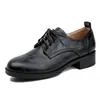 Artículos en Stock~Zapatos de Cuero Versátiles con Cordones Negros, Punta Redonda para Mujer, Tacón Grueso, Mocasines Versátiles de Cuero Genuino Estilo Retro Británico