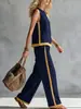 Nuevo conjunto casual cómodo para mujer, top sin mangas tipo tank top de bloques de color clásico europeo y americano y pantalones anchos de cintura alta