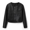 Chaqueta de Cuero Sintético con Cuello Redondo, Chaqueta Estilo Chanel con Bolsillos Dobles y Costura Central