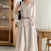 Vestido de gasa semitransparente elegante con cuello en V, de alta gama, para mujer, del distrito de Dongdaemun, Corea, con cinturón