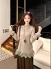 Camiseta Elegante e Rejuvenescedora de Renda Spliced com Mangas Longas para Mulheres, Nova Blusa de Base Soltinha para Outono e Inverno