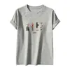 Nova Camiseta Feminina de Gola Redonda em Liocel Fio Fino para Primavera e Verão, Confortável, Respirável, Leve, Pulôver de Manga Curta com Estampa