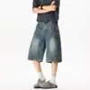 Shorts largos de perna reta estilo americano com estampa retrô, calça casual de verão fresca, calça jeans cropped lavada para homens