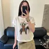 Camiseta de Punto Suelto de Manga Corta con Bordado de Caballo, Cuello Redondo, Lino, Estilo Coreano, Nueva de Verano 2026 para Mujer