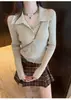 Suéter de punto color albaricoque con cuello POLO para mujer, prenda exterior para otoño 2026, top/cárdigan de manga larga para primavera/otoño