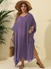 Vestido feminino Transfronteiriço Europeu e Americano Tamanho Plus Feminino Cor Sólida Blusa Solta Férias na Praia Vestido com Fenda