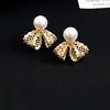 Aretes de Encaje con Lazo y Circonita Perla Bañados en Oro Real de 18K, Aretes de Estilo Dulce Francés, Aretes Elegantes y Versátiles