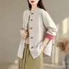 Cardigan roupão de chá estilo chinês de algodão e linho, tamanho grande, solto, para primavera e outono, novo top camisa de manga longa com botões, bloqueio de cor retrô chinês