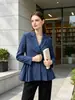 Amazon 2025 Outono Nova Moda Terno Listrado Elegante para o Trabalho Azul Feminino Plus Size Estilo Europeu e Americano