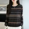 Suéter de punto holgado a rayas de bloques de color estilo retro transfronterizo para mujer, con un diseño relajado y elegante de cuello redondo