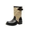 Botas vaqueras de lona con bloques de color que aumentan la altura con hebilla de cinturón retro, botas de media pantorrilla con tacón grueso de 5 cm, botines casuales para exteriores para mujer