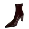 Botines Cortos para Mujer Chuyuji Color Vino Tinto con Tacón Grueso, Punta Fina, Piel Brillante, Botines Elegantes y de Moda de Tacón Alto y Delgados