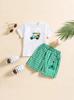 Ropa Nueva para Niños Transfronteriza Camiseta Estampada para Niños Estilo Verano Shorts Rayados Verdes para Niños Conjunto Estampado Moderno
