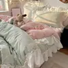 Conjunto de cuatro piezas de encaje francés seguro para bebés Clase A, estilo princesa de Instagram, conjunto de tres piezas de algodón lavado floral fresco para dormitorio