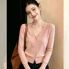 Moda de Temperamento Otoño 2026 Cardigan de Manga Larga con Cuello en V Prendas de Abrigo de un Solo Botón Versátil Color Sólido Top Adelgazante