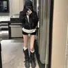 5596 # Chaqueta irregular de cremallera en tonos oscuros minimalista, top negro de manga larga, sudadera con cuello, corte ajustado, estilo corto, clásico
