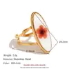 Pulseira de Temperamento Retro de Nicho Europeu e Americano Aço Inoxidável Banhado a Ouro 18K Padrão Martelo Anel Aberto Oval Transparente Flor