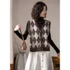 Chaleco de Punto para Mujer 2026 Otoño/Invierno Nuevo Estilo Coreano Cárdigan Suéter Holgado Abrigo Chaleco con Patrón de Diamantes Color Block