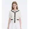 Ya*OrderNavy Cuello Camisero Manga Corta Bloque de Color Tejido Top para Mujer Verano 2026 Nuevo Hueco Adelgazante Top