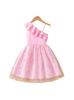 Vestido Novo de Verão para Meninas Rosa Bordado com Flores Malha Vestido Princesa Vestido de Aniversário Saia Ombro Assimétrico Saia de Alça