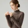 Capa base de punto de color liso, con cuello semi alto y ribete de encaje para mujer, nuevo suéter ajustado otoño/invierno, top de forro polar Andy