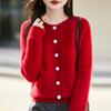 Cardigan de Tricô Gola Redonda Espessado de Sete Fios Lã Pura Novo Outono e Inverno 2025 Manga Longa Feminino Top Quente Ponto Milho