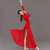 Danza Clásica China Étnico Cheongsam Vestido Medio Largo Rima Cintura Alta Abertura Slim Ropa de Práctica de Danza Moderna