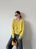Textura tipo nuvem26 Suéter de Tricô com Decote V de Manga Longa em Lã e Cashmere Atmosférico Outono/Inverno para Mulheres, Pulôver Liso